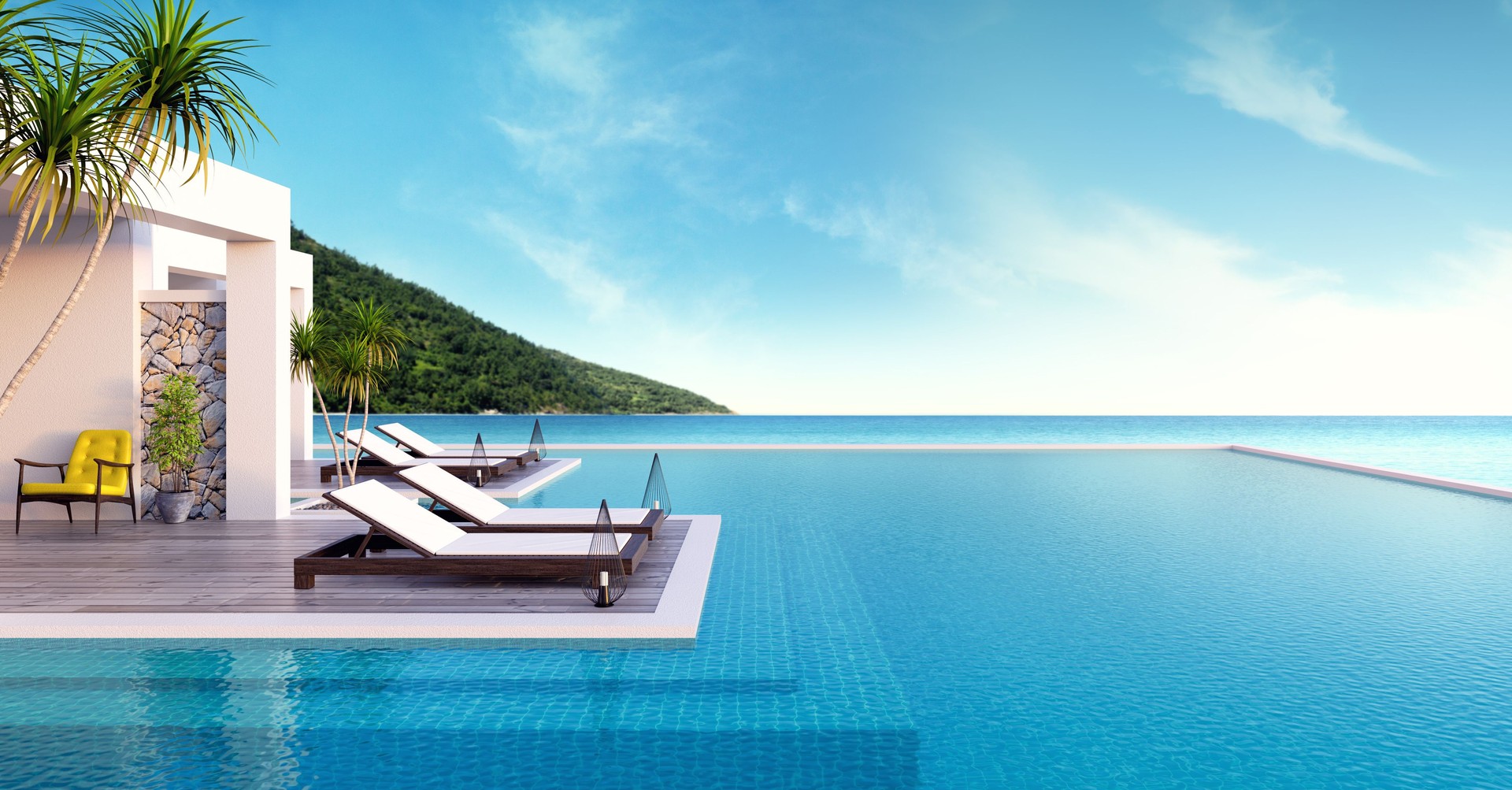 Beach lounge ,sun loungers on Sunbathing deck and private swimming pool with  panoramic sea view at luxury villa/3d rendering